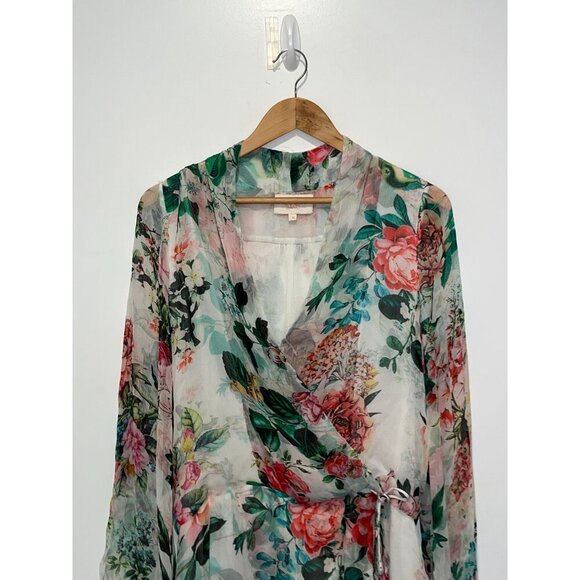 Rococo Sand Floral Sheer Wrap Tie Waist & High-Low Hem Women's Blouse Size M - Picture 4 of 11